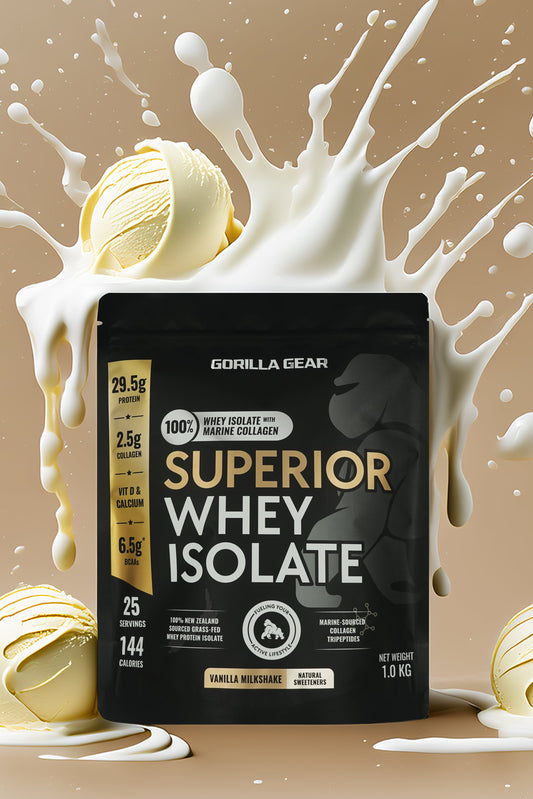 Gorilla Gear Whey Protein Isolate Vanilla Flavour - High in Protein & collagen, low in fats. Only premium ingredients used.