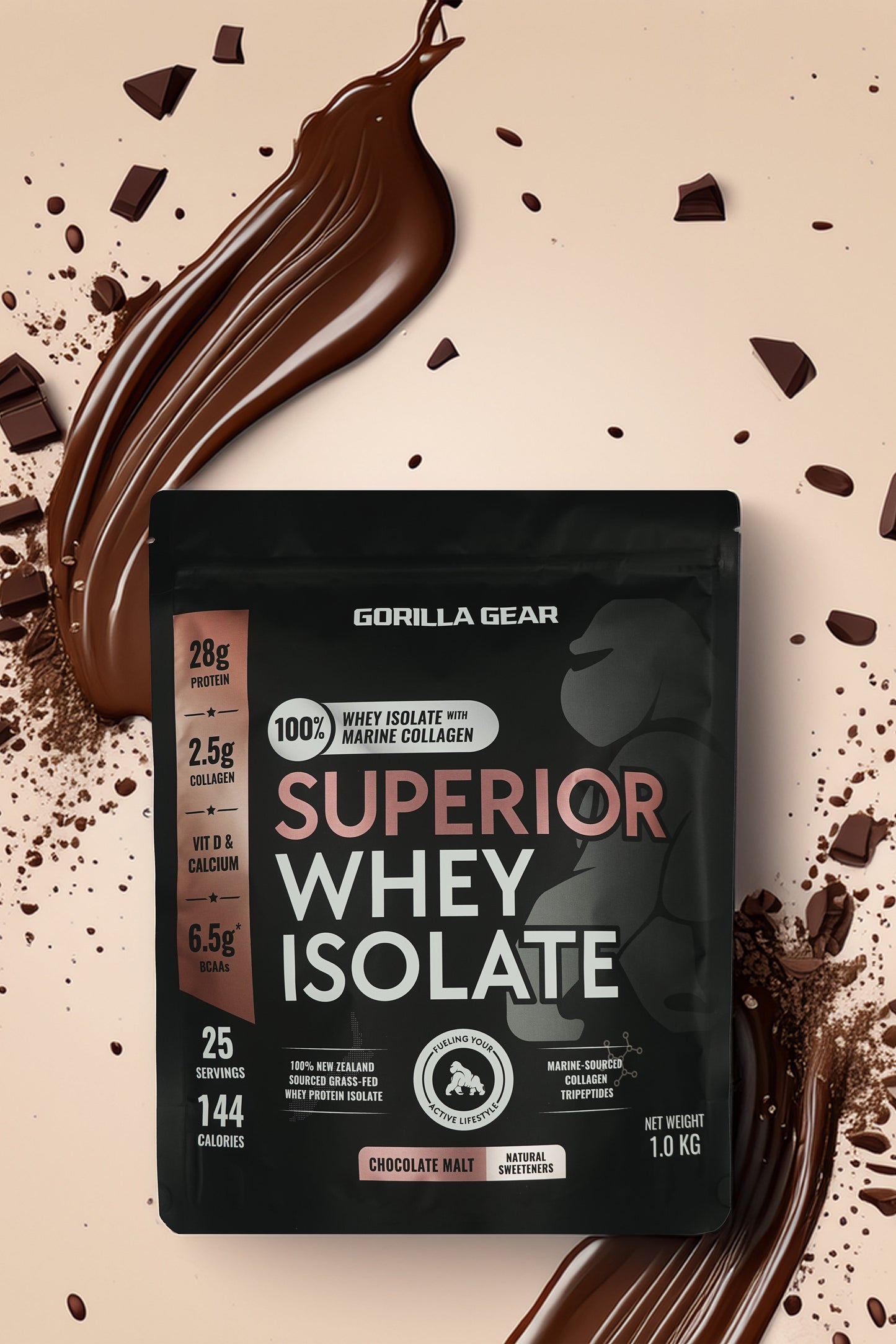 Gorilla Gear Whey Protein Isolate Chocolate Flavour - High in Protein & collagen, low in fats. Only premium ingredients used.