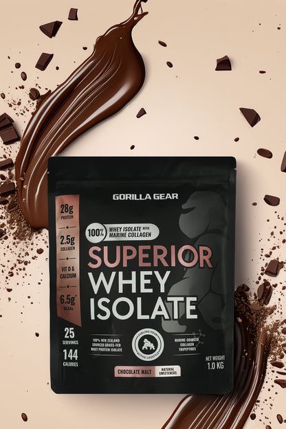 Gorilla Gear Whey Protein Isolate Chocolate Flavour - High in Protein & collagen, low in fats. Only premium ingredients used.