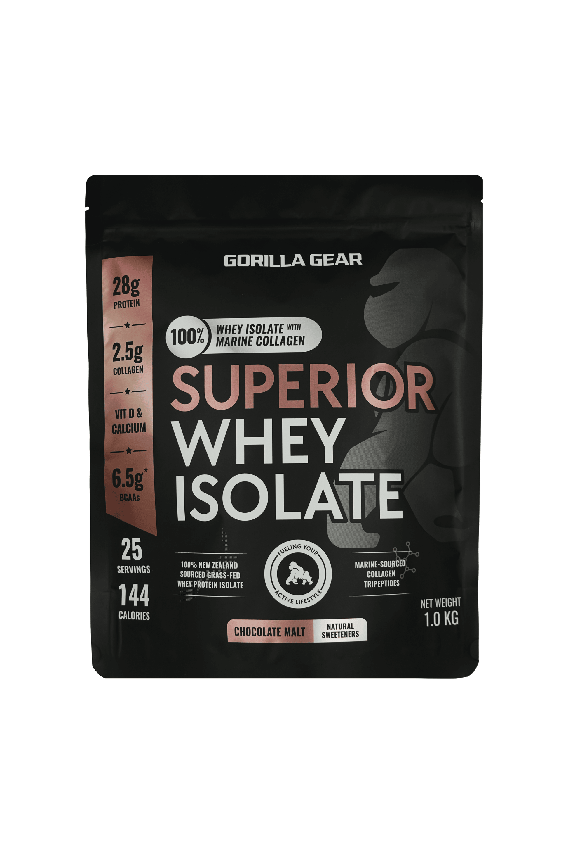 Gorilla Gear whey protein powder with marine collagen for muscle growth and recovery. Delicious tasting chocolate malt shake.