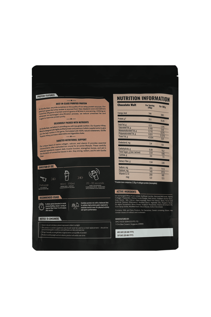 Gorilla Gear whey protein powder with marine collagen for muscle growth and recovery. Delicious tasting chocolate malt drink.