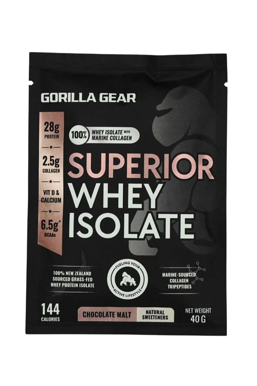 Gorilla Gear Whey Protein Isolate Chocolate Flavour - High in Protein & collagen, low in fats. Only premium ingredients used.