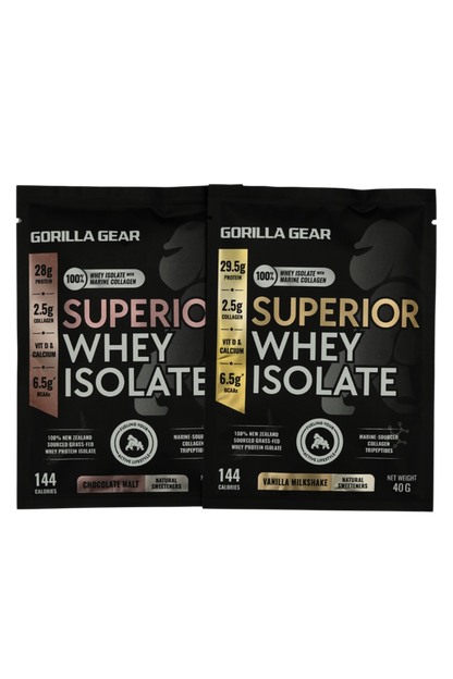Gorilla Gear Whey Protein Isolate Single Serving - High in Protein & collagen, low in fats. Only premium ingredients used.