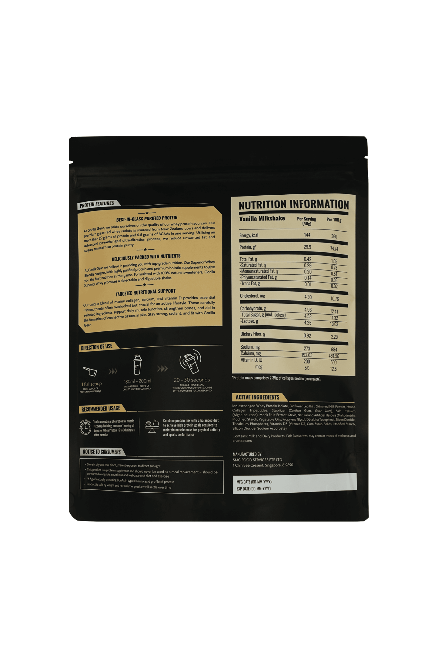 Gorilla Gear whey protein powder with marine collagen for muscle growth and recovery. Delicious tasting vanilla milkshake.