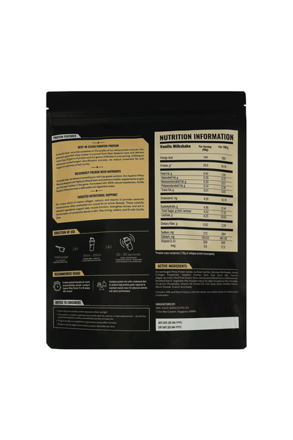 Gorilla Gear whey protein powder with marine collagen for muscle growth and recovery. Delicious tasting vanilla milkshake.
