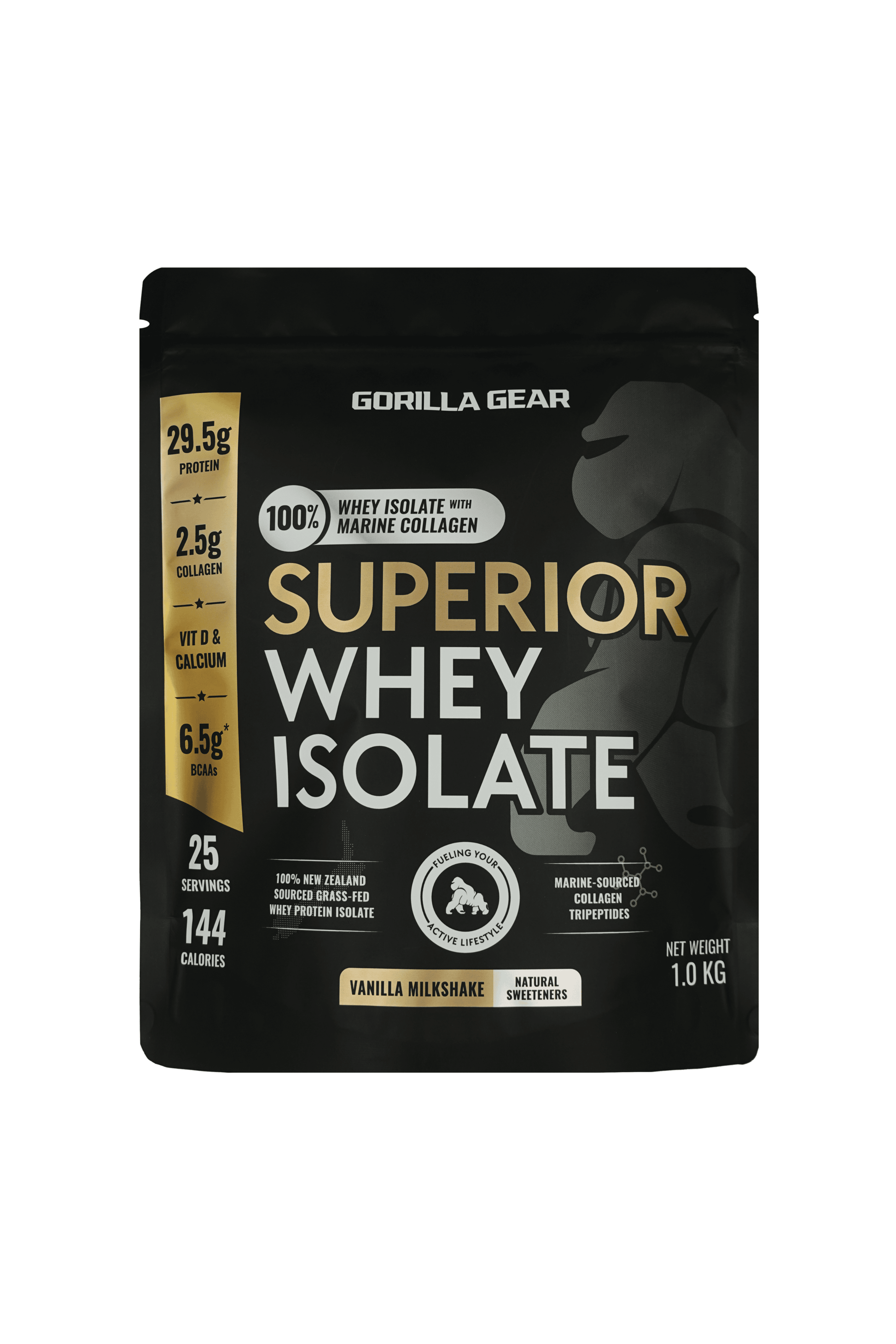 Gorilla Gear whey protein powder with marine collagen for muscle growth and recovery. Delicious tasting vanilla milkshake.
