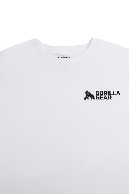 Classic White Rugby Inspired Cotton Tee - Oversized, comfortable and high quality. Close up logo.